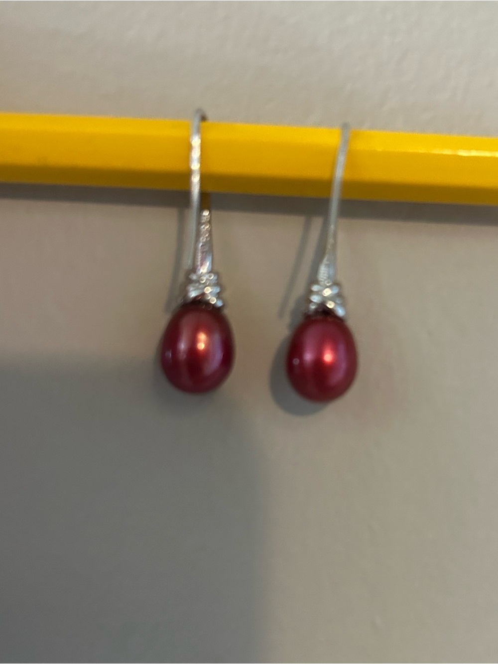 Red Cultured Freshwater Pearl Drop Earrings with Sterling Silver Shepherd’s Hook - Picture 3 of 6